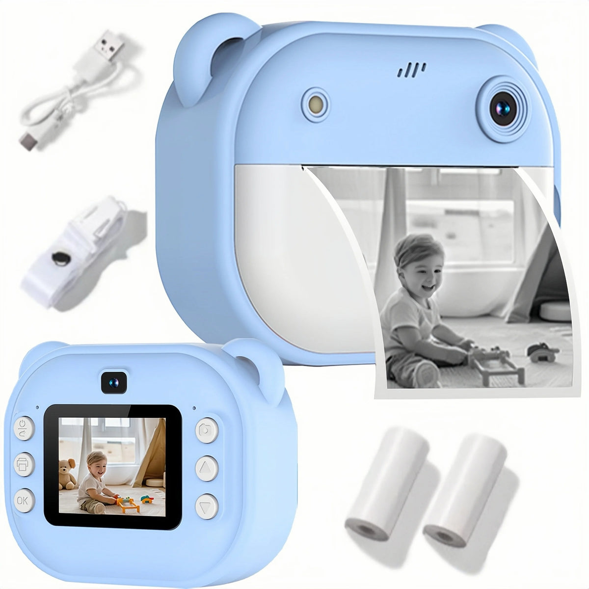 Blue/Pink Multifunction Mini Camera Instant Print, Mini Camera Instant Print Free Camera 2 Sheets of Printing Paper and Lanyard