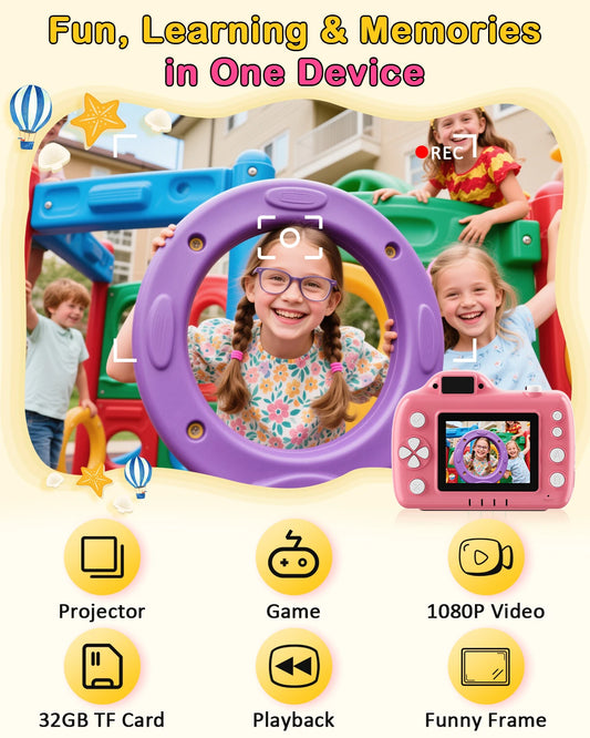 Cámara digital para niños con proyector, videocámara de juguete con vídeo HD 1080P, pantalla IPS de 24 pulgadas, resistente a caídas, tarjeta de 32 GB, USB-C recargable