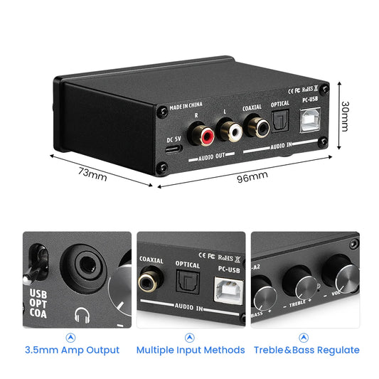 AIYIMA Audio A2 Mini Stereo USB Gaming DAC Decoder Headphone Amplifier Converter Adapter for Desktop Powered Active Speaker
