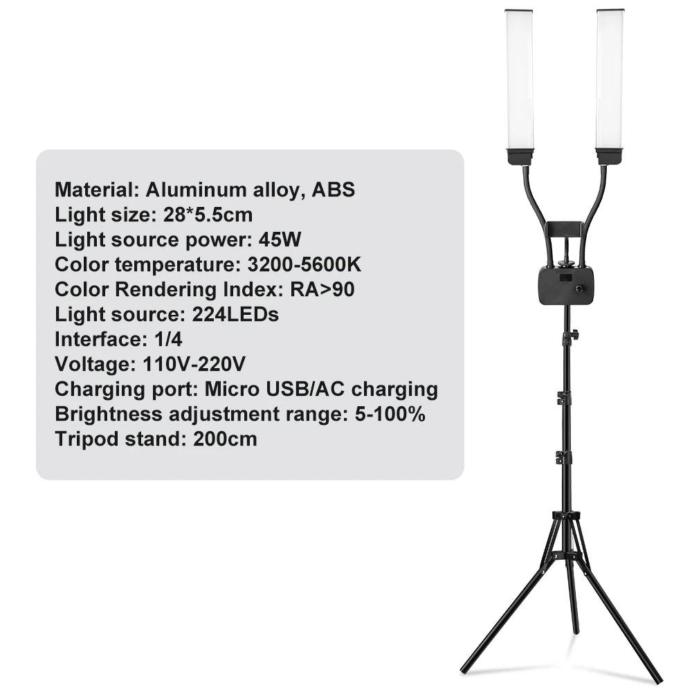 Luz LED de anillo para pestañas con doble brazo, luz de relleno LED para belleza con trípode de 200 cm para maquillaje, vídeo, fotografía de pestañas e iluminación de selfies