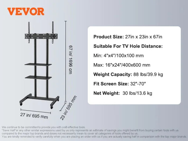 Soporte de TV SucceBuy Giratorio para TV Alta para TV de 32-65/70 pulgadas Altura Ajustable Soporte de TV de Piso Portátil VESA Máx. 600 x 800mm