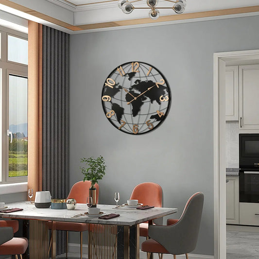 Large 36-Inch Black Metal Wall Clock World Map Design Modern Silent Vintage Gold Arabic Numeral Decorative for Living Dining