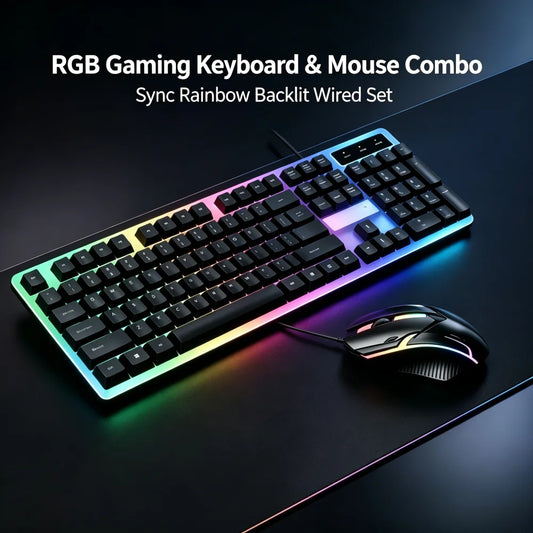 Combo de teclado retroiluminado USB y ratón con cable, kit de teclado mecánico ergonómico y ratón para gaming, accesorios de ordenador plug and play para PC, sobremesa, portátil, hogar y oficina