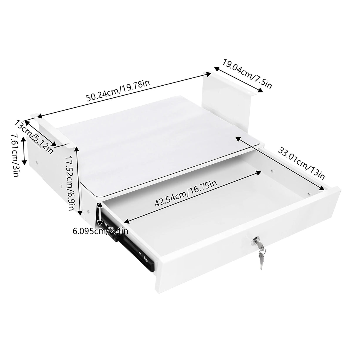 Cajón deslizante con cerradura y soporte para computadora, para colocar debajo del escritorio, organizador de almacenamiento de montaje inferior para escritorios, 18x14x6.9 pulg., blanco