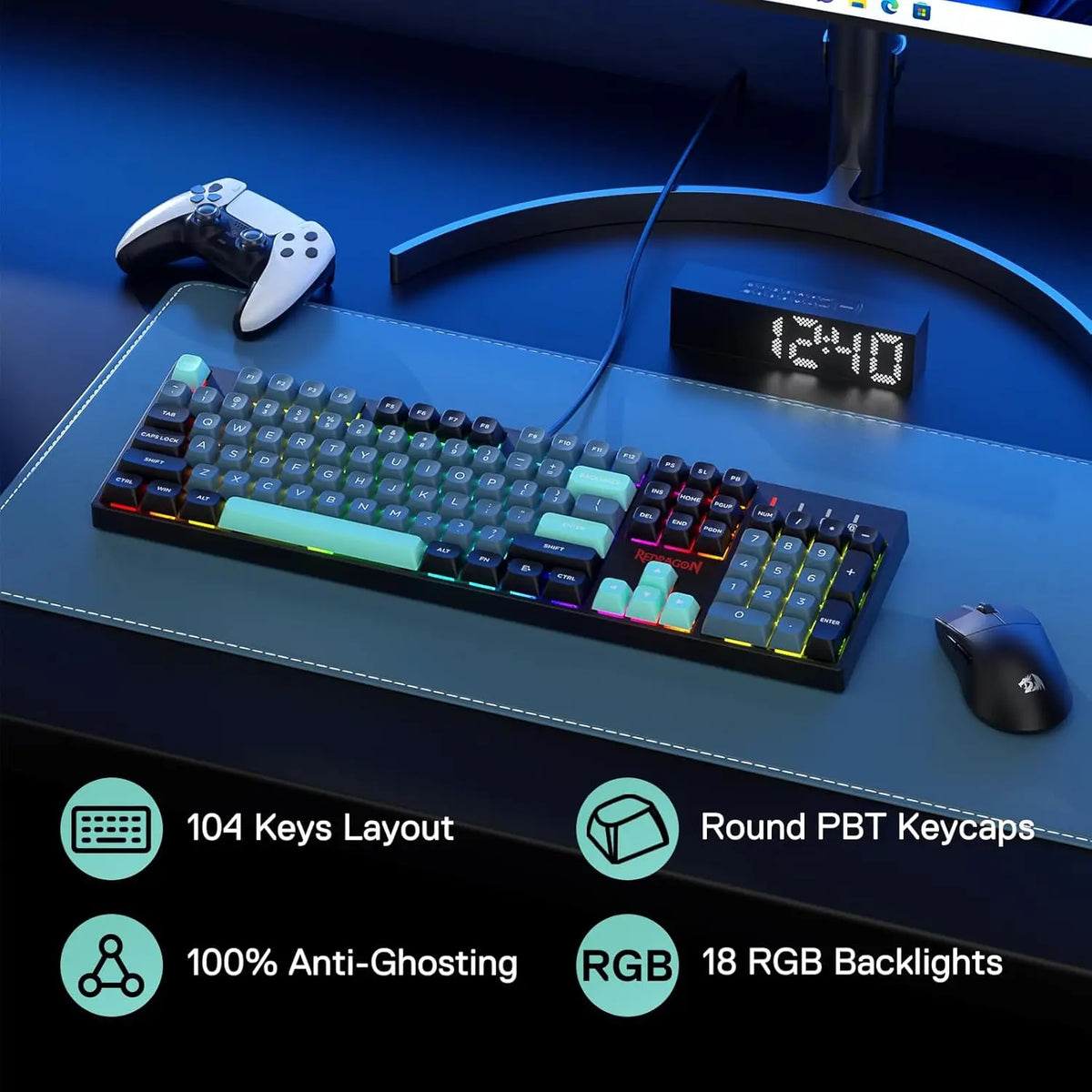 Teclado mecánico con cable Redragon K582 SE RGB de 104 teclas, retroiluminación RGB dinámica de 16,8 millones de colores, interruptores rojos
