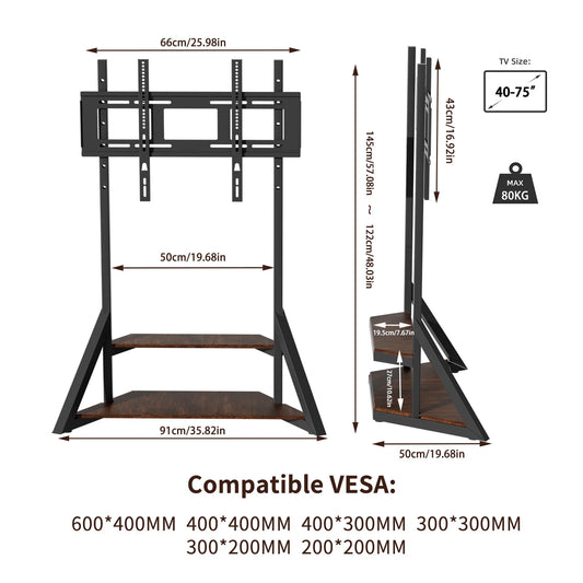 Soporte de TV con ruedas de altura ajustable, soporte de TV de suelo industrial para televisores de 40-75 pulgadas, carga máxima de 80 kg