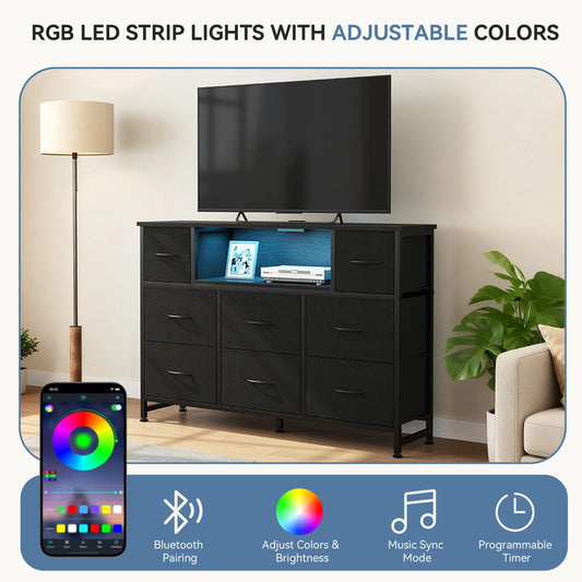 Cómoda soporte para TV LED JHK con 8 cajones de tela, centro de entretenimiento con estación de carga, estantes abiertos y superficie de madera, consola multimedia para televisores de 45-55 pulgadas