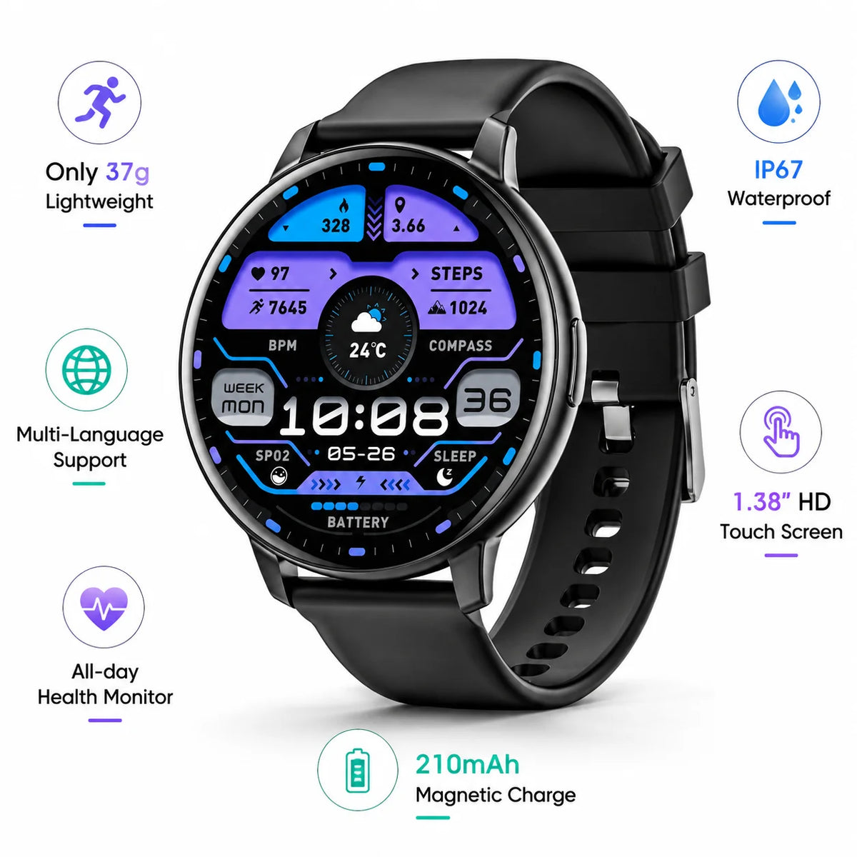 2026 Reloj inteligente con llamada Bluetooth, pantalla táctil completa de 1,38", monitor de actividad física con más de 100 modos deportivos, monitor de frecuencia cardíaca y sueño, resistente al agua, para hombre y mujer, Android, iOS