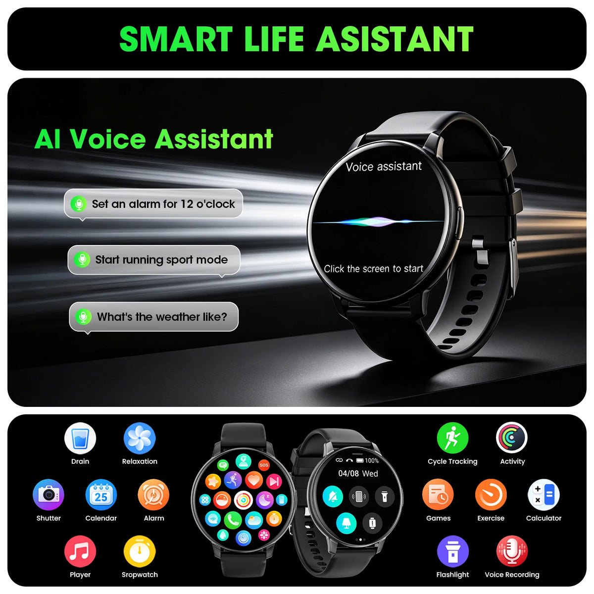 2026 Reloj inteligente con llamada Bluetooth, pantalla táctil completa de 1,38", monitor de actividad física con más de 100 modos deportivos, monitor de frecuencia cardíaca y sueño, resistente al agua, para hombre y mujer, Android, iOS