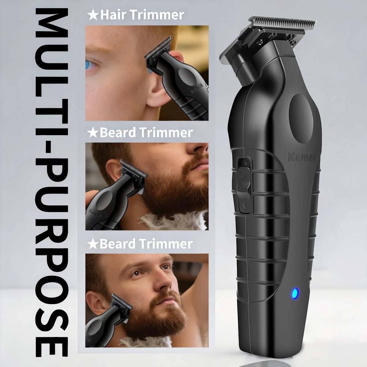 Kemei Set de Corte de Cabello Negro de Tres Piezas KM-2296 2299 1102 con Base de Carga, Cortadora de Cabello Eléctrica, Recortadora de Contornos, Afeitadora de Aclarado, Kit Profesional de Herramientas para Corte de Cabello Completo Recargable por USB