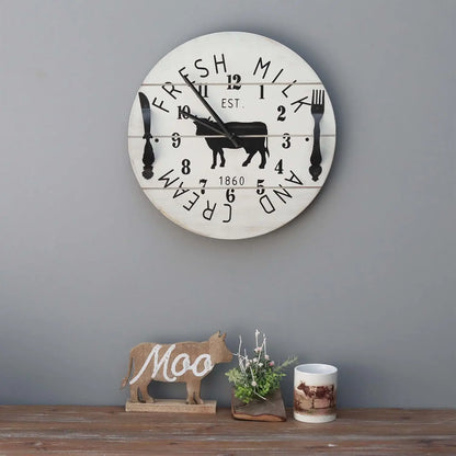 PARISLOFT Round Decorative Wood Wall Clock, Farmhouse Fresh Milk and Cream Sign Decor Clock,Kitchen Themed Wall Decor,Dia 15.75\
