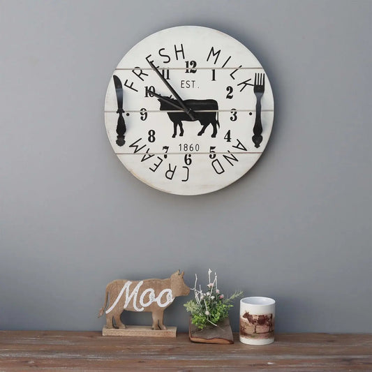 PARISLOFT Round Decorative Wood Wall Clock, Farmhouse Fresh Milk and Cream Sign Decor Clock,Kitchen Themed Wall Decor,Dia 15.75\