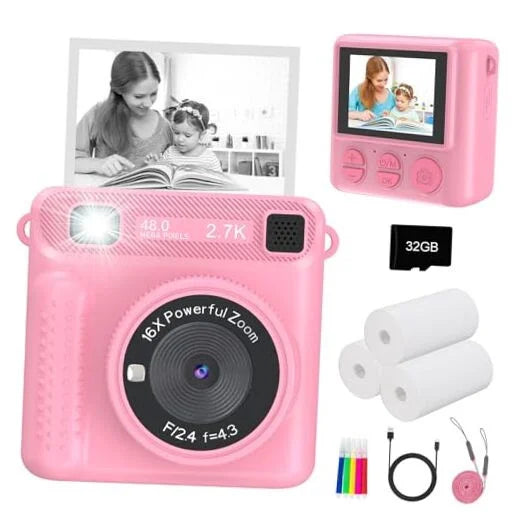 Tarjeta de 32 GB Cámara infantil digital de impresión instantánea Mini cámara HD para niños Mini cámara de impresión instantánea para niños con funda