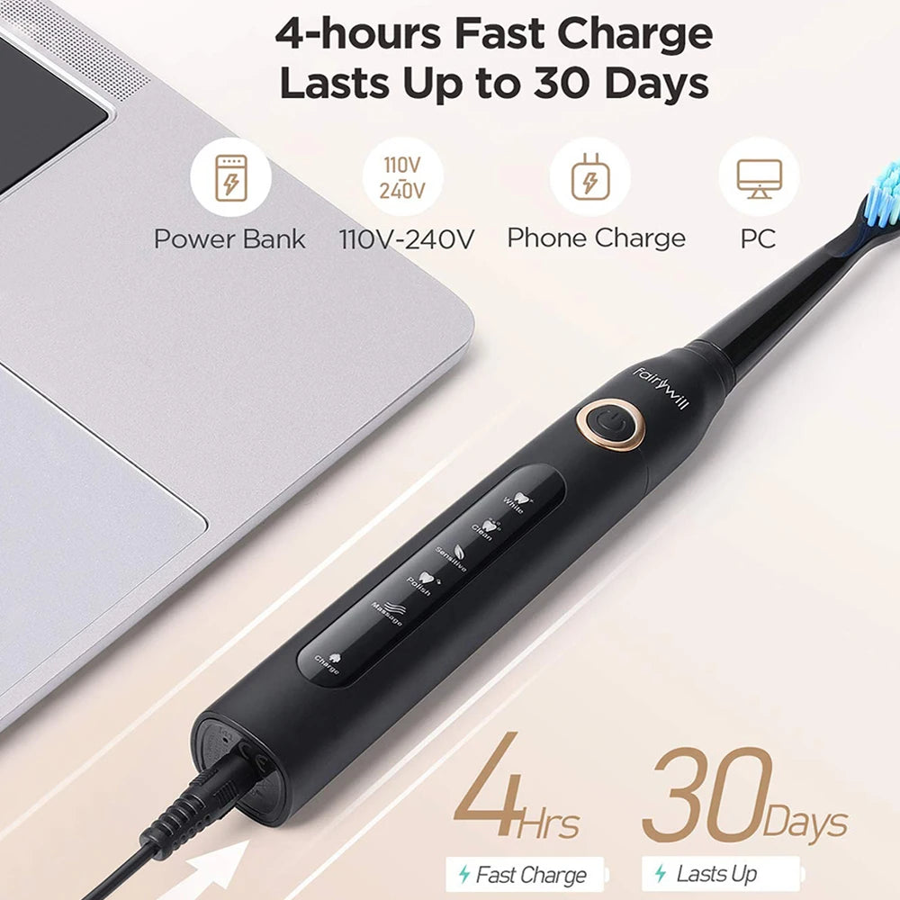 Fairywill FW-507 Sonic Electric Toothbrush 5 Modes USB Charger Tooth Brushes Replacement Timer Sonic Toothbrush 8 Brush Heads