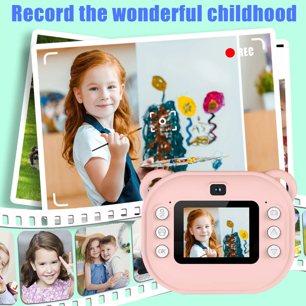 Blue/Pink Multifunction Mini Camera Instant Print, Mini Camera Instant Print Free Camera 2 Sheets of Printing Paper and Lanyard