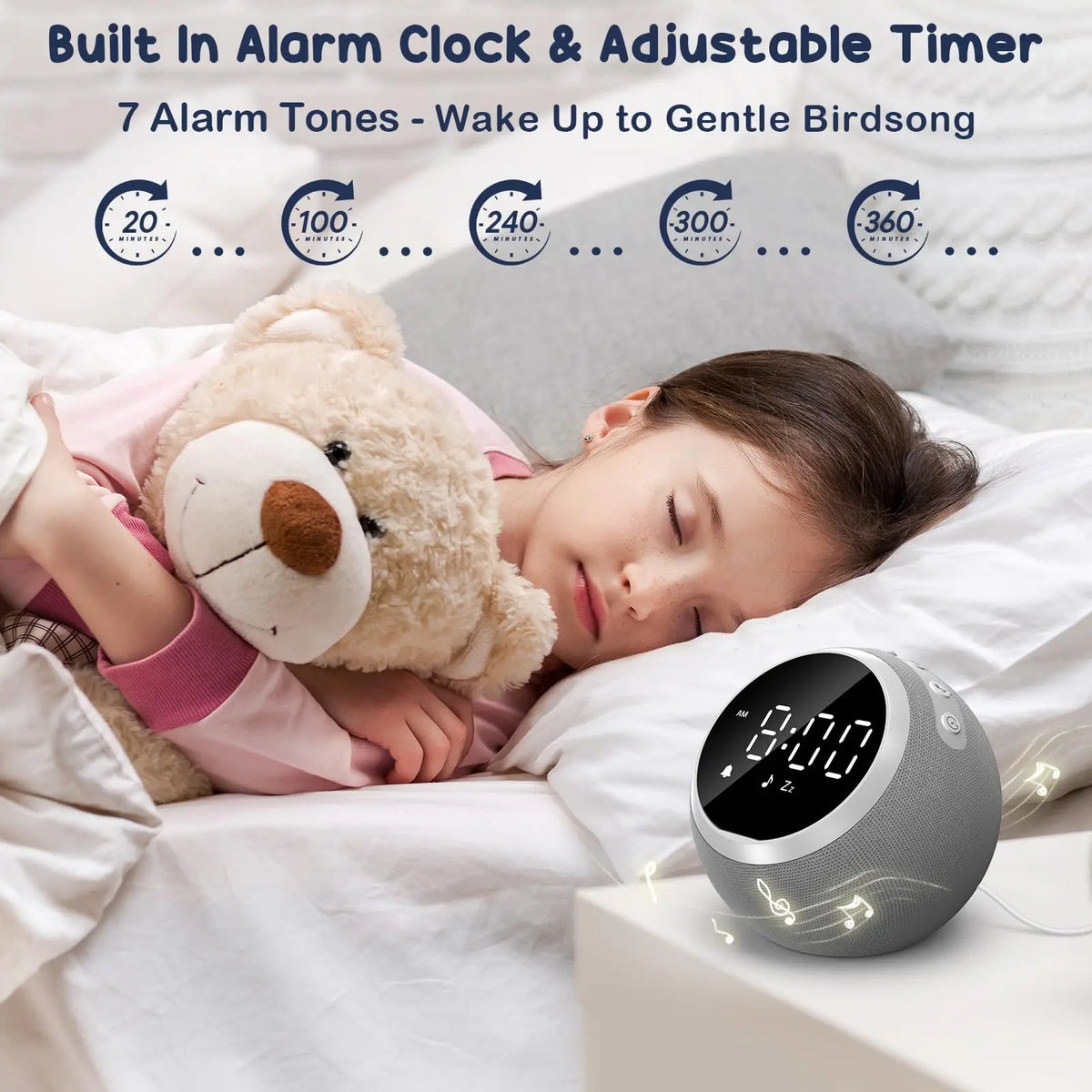 White Noise Sound Machine with 25 Relaxing Sounds, 7 Gentle Alarm Tones, Adjustable Volume Levels and Timer Function