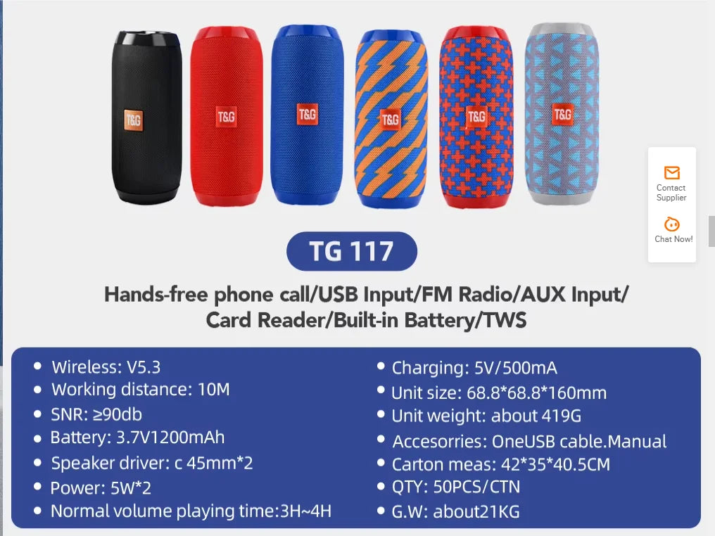 Altavoz inalámbrico portátil BT resistente al agua para exteriores y deportes, subwoofer TG117 con TF, AUX y USB, stock local en EE. UU. con entrega rápida de 3 a 7 días