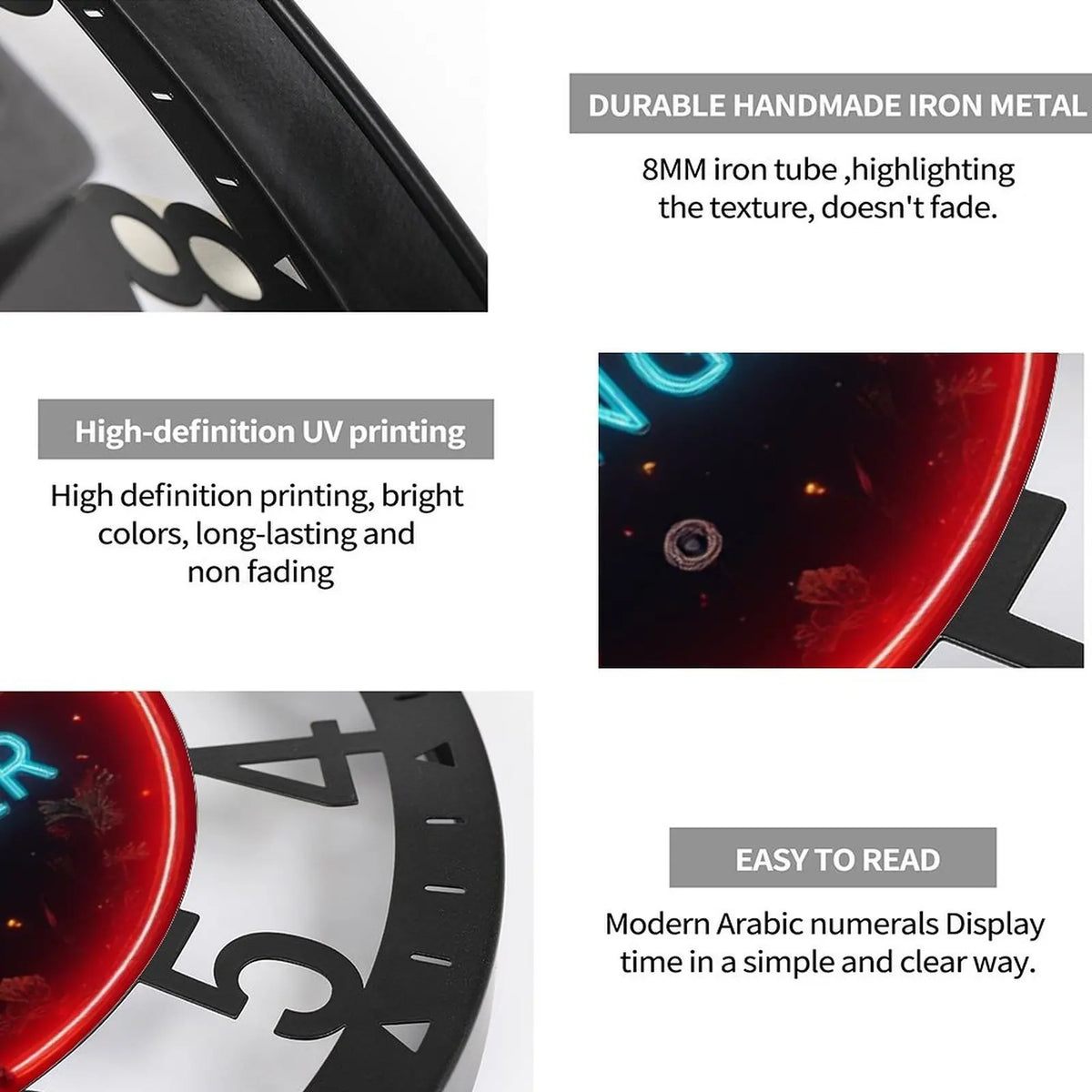 Fashion 25cm Circular Iron Wall Clock with Creative Elements