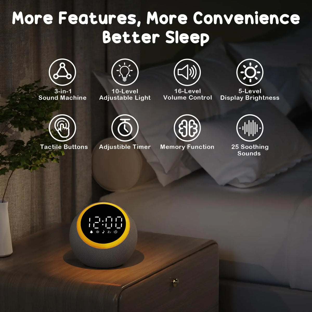 White Noise Sound Machine with 25 Relaxing Sounds, 7 Gentle Alarm Tones, Adjustable Volume Levels and Timer Function