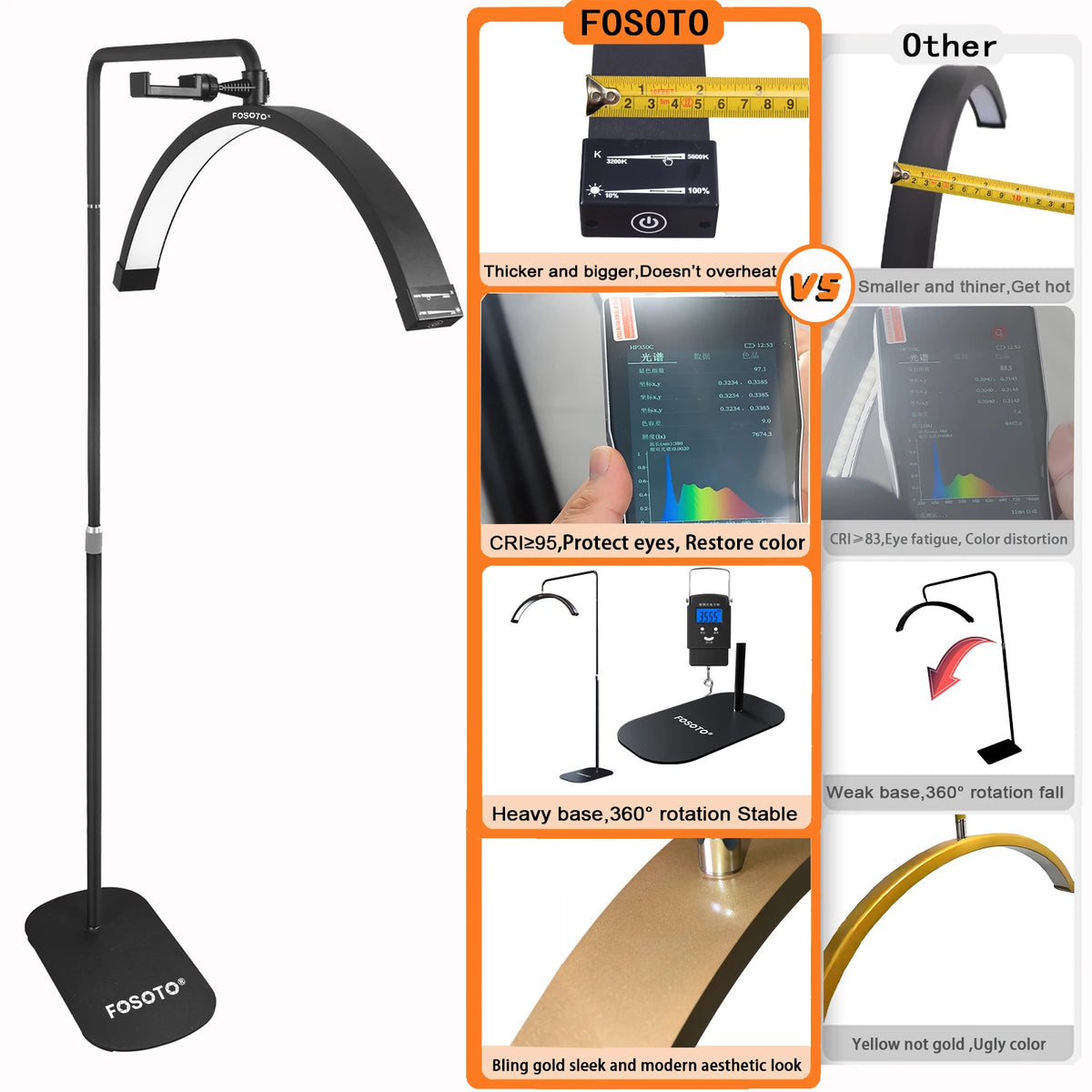 FOSOTO EU US Overseas Warehouse Gold Led Half Moon Light for Lashes Video Ring Lash Lamp for Facial Salon Photography Beauty Bed