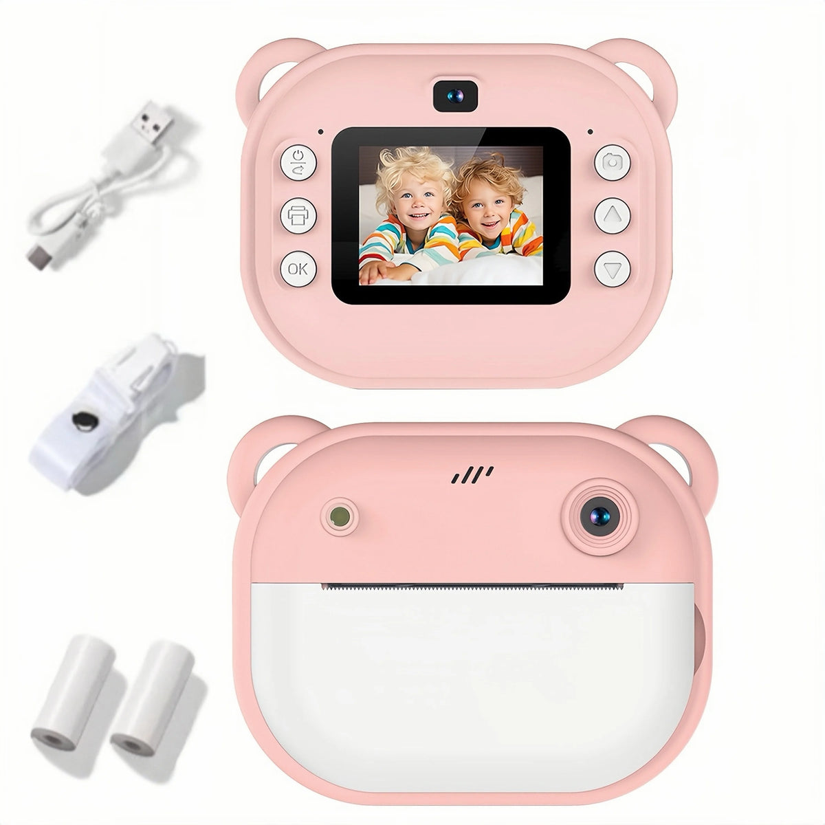 Blue/Pink Multifunction Mini Camera Instant Print, Mini Camera Instant Print Free Camera 2 Sheets of Printing Paper and Lanyard