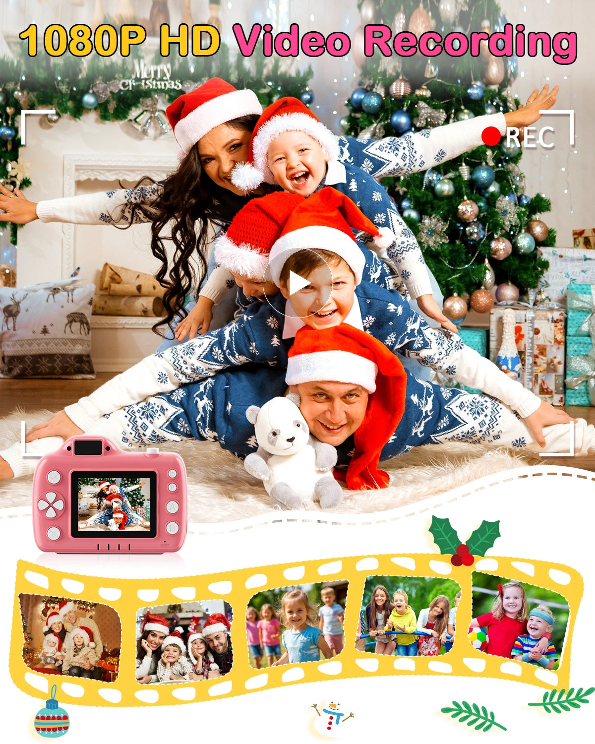 Kids Digital Camera With Projector 1080P HD Video Camcorder Toy 24 Inch IPS Screen Drop Resistant 32GB Card USB C Rechargeable