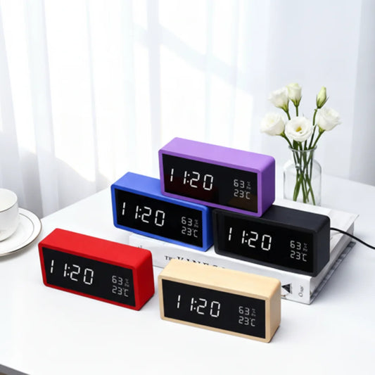 Modern Bamboo Rectangle Single Face Electronic Digital LED Alarm Clock Backlight Battery Powered Snooze Function Bedroom Home