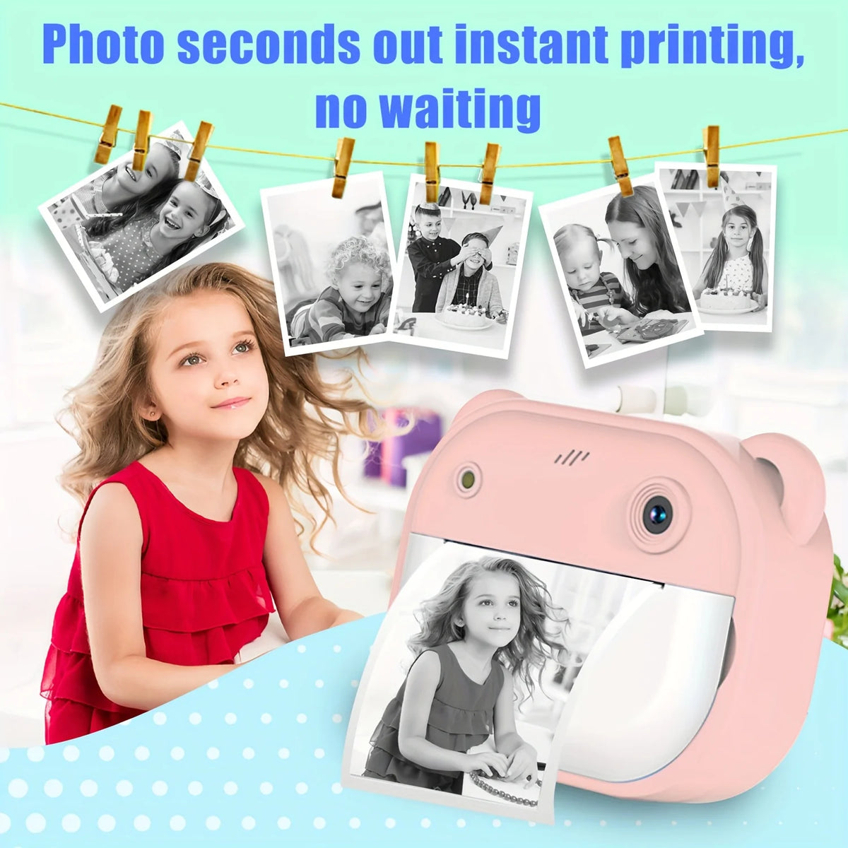 Blue/Pink Multifunction Mini Camera Instant Print, Mini Camera Instant Print Free Camera 2 Sheets of Printing Paper and Lanyard