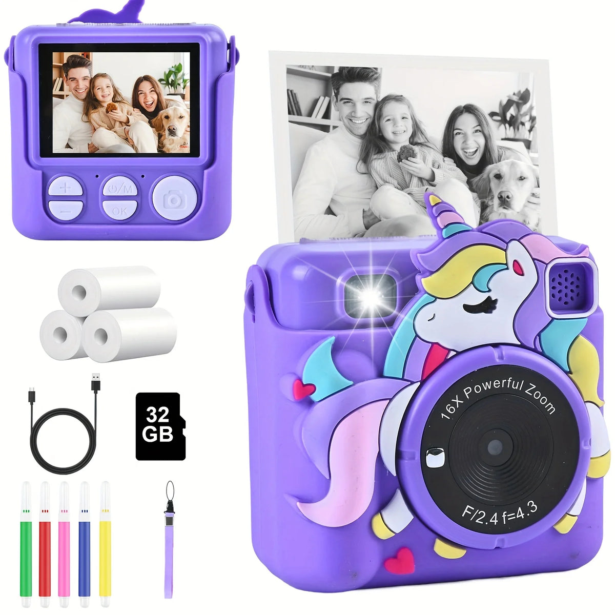 Tarjeta de 32 GB Cámara infantil digital de impresión instantánea Mini cámara HD para niños Mini cámara de impresión instantánea para niños con funda