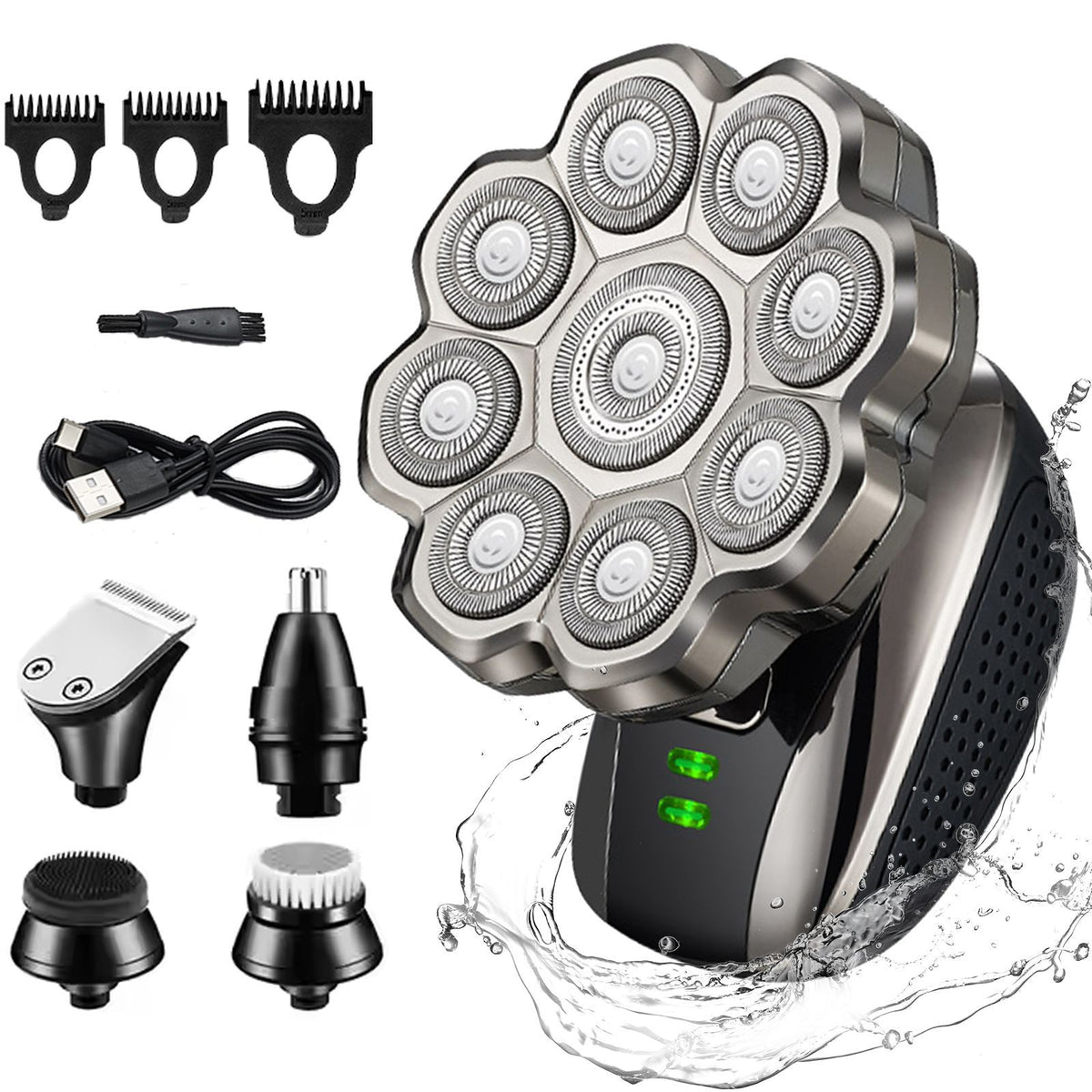 Máquina de afeitar eléctrica recargable con cabezal de nueve cuchillas para corte de pelo en casa, afeitado y depilación, con cuerpo impermeable y cabezal de sujeción magnética