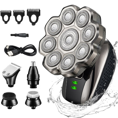 Máquina de afeitar eléctrica recargable con cabezal de nueve cuchillas para corte de pelo en casa, afeitado y depilación, con cuerpo impermeable y cabezal de sujeción magnética