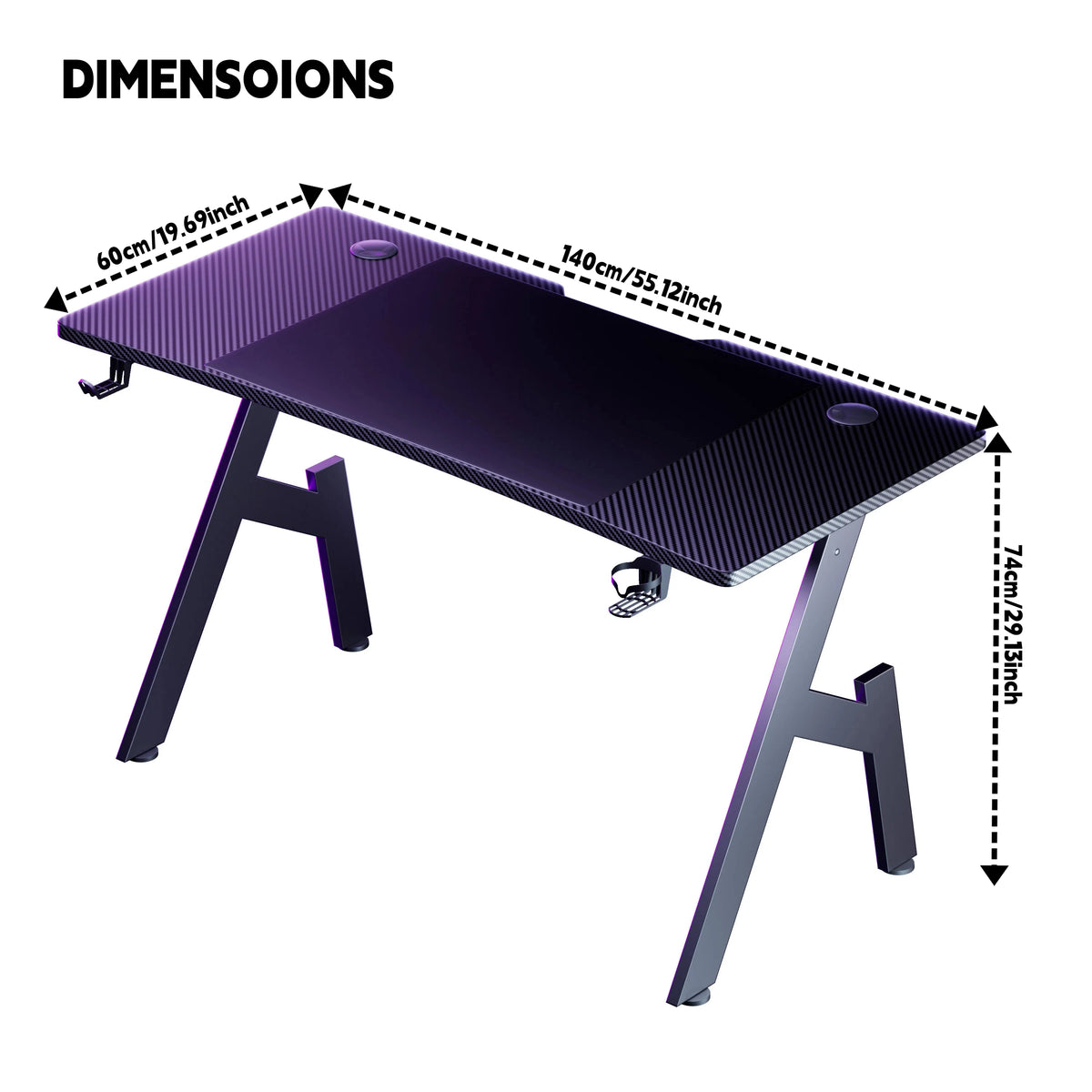 Escritorio gaming de fibra de carbono en forma de A, estación de trabajo ergonómica para ordenador, mesa de oficina en casa con portavasos, gancho para auriculares, estructura de acero estable, fácil de montar y ahorra espacio