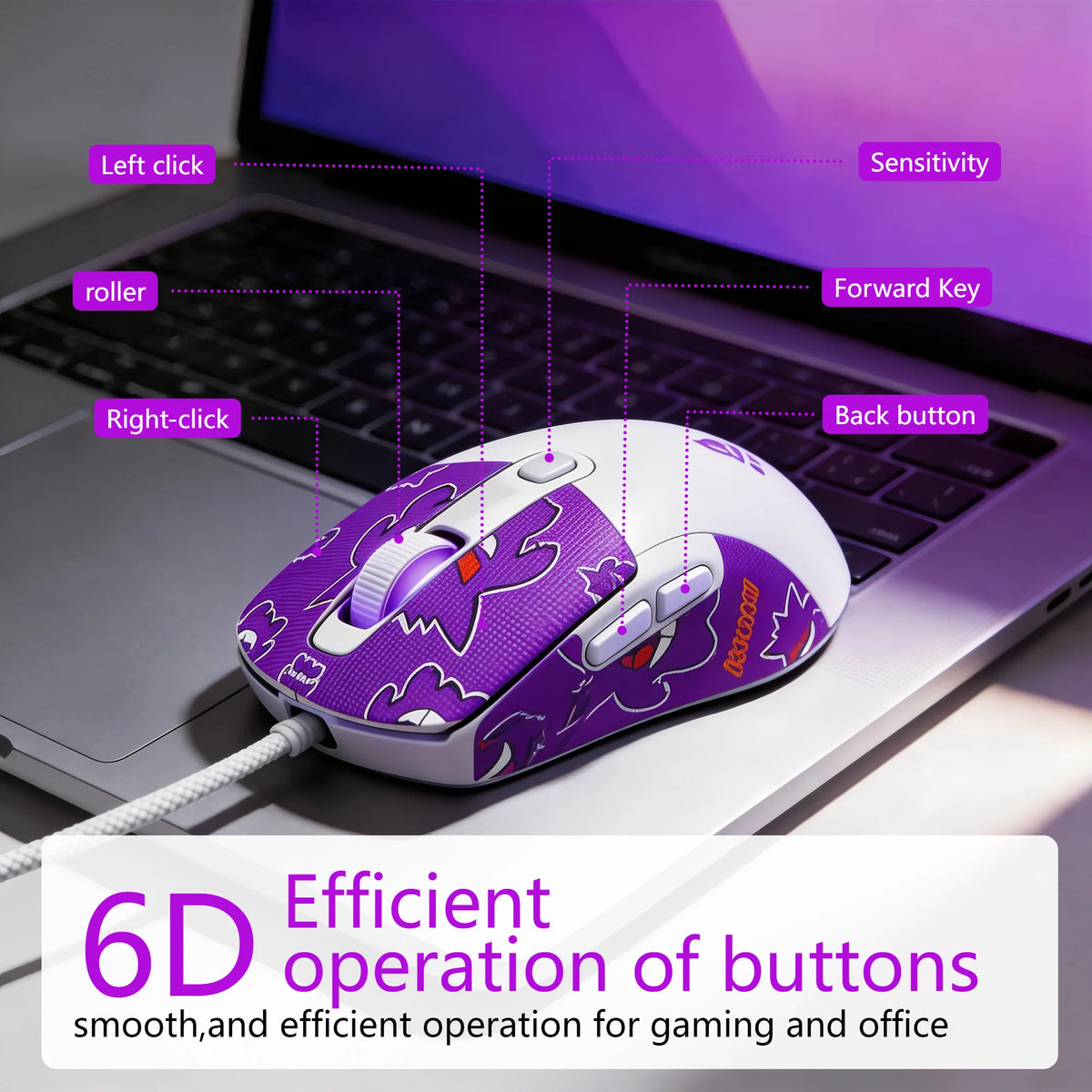 T-WOLF RGB Gaming Mouse Wired 6D Programmable Buttons Ergonomic Gamer Mouse 4 Levels DPI Adjustable Computer Mouse USB Wired Mouse Breathing Light Gaming Mice 1.5m Cable for PC Laptop E-sports Mouse Purple