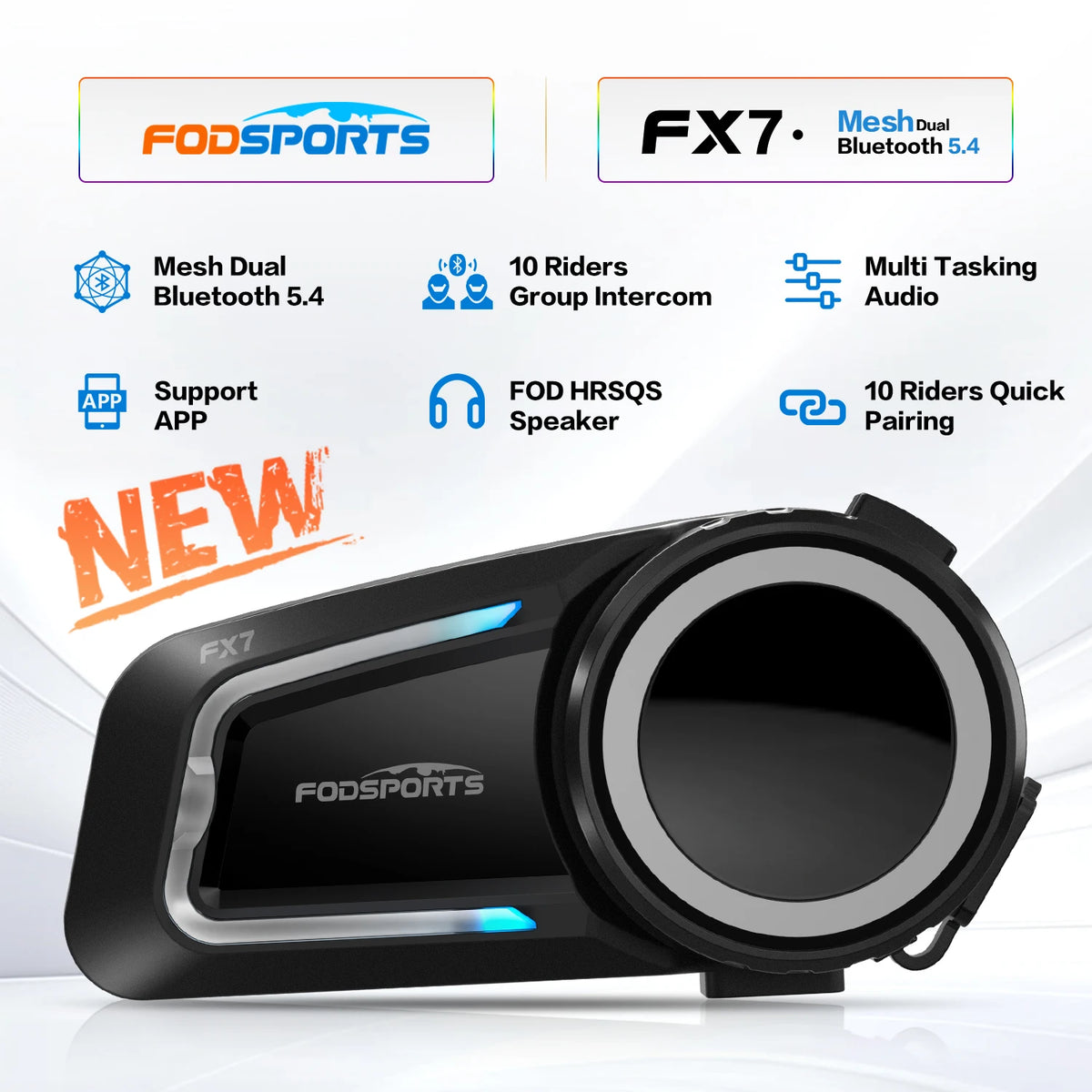 Fodsports FX7 Motorcycle Helmet Intercom Mesh Bluetooth Helmet Headset Moto Interphone,10 Rider 2000M,BT5.4,Support APP