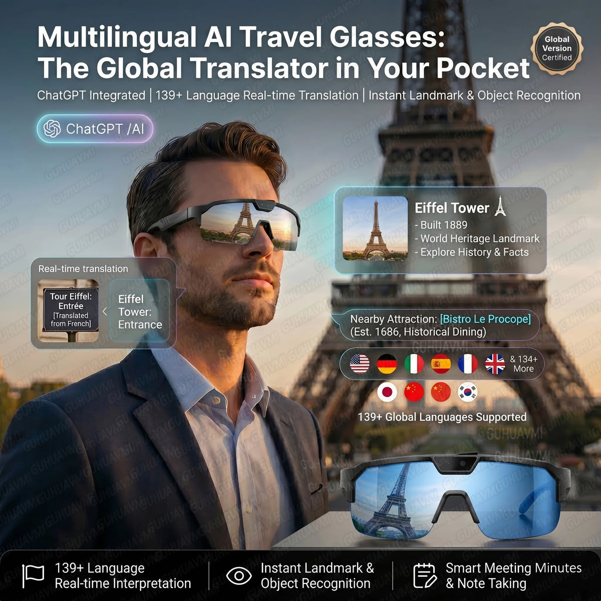 Gafas inteligentes deportivas con cámara 4K HD antivibración, altavoces estéreo 3D, lentes polarizadas UV400, Bluetooth e IA para grabar vídeos en primera persona al aire libre