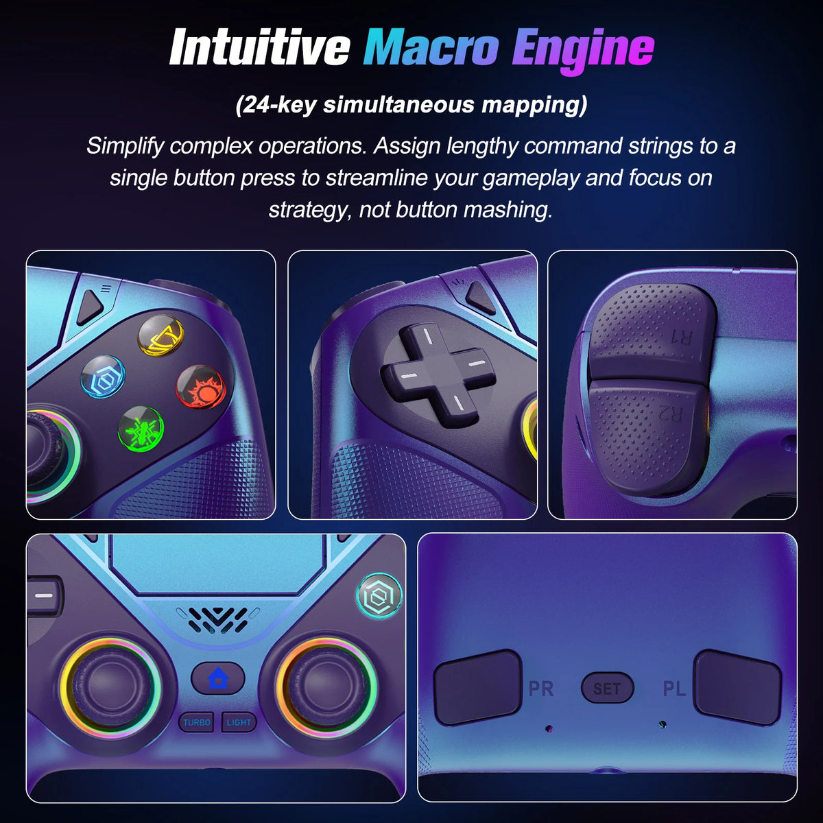 Para mando de PlayStation 5, mando inalámbrico RGB con Bluetooth, gamepad para PS5 con macro/turbo y vibración DualSense