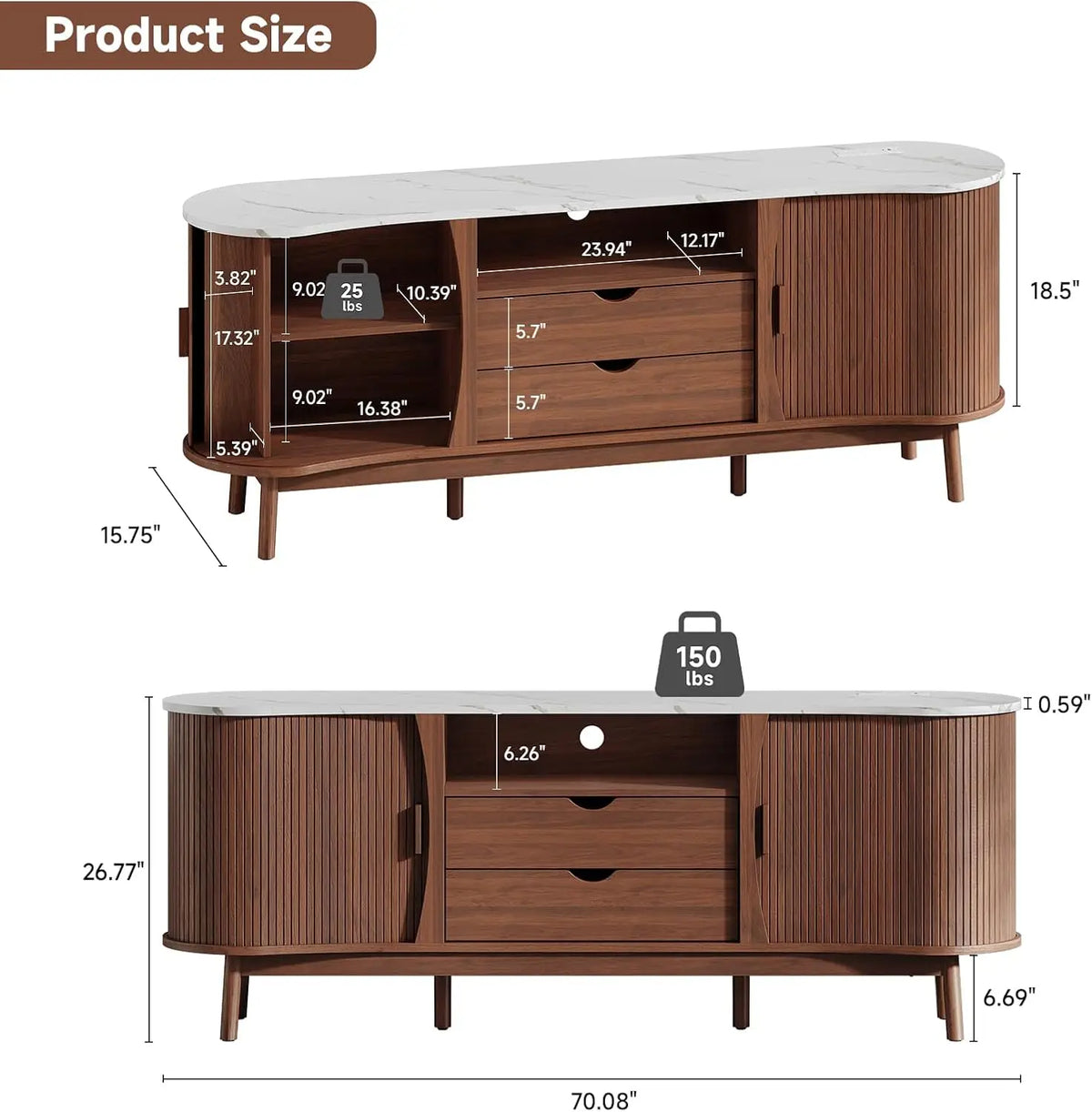 Mueble de TV acanalado de 70 pulgadas para televisores de hasta 80", consola moderna de mediados de siglo en forma de frijol con USB/toma de corriente, luces LED y almacenamiento - para sala de estar, dormitorio (negro/nogal)
