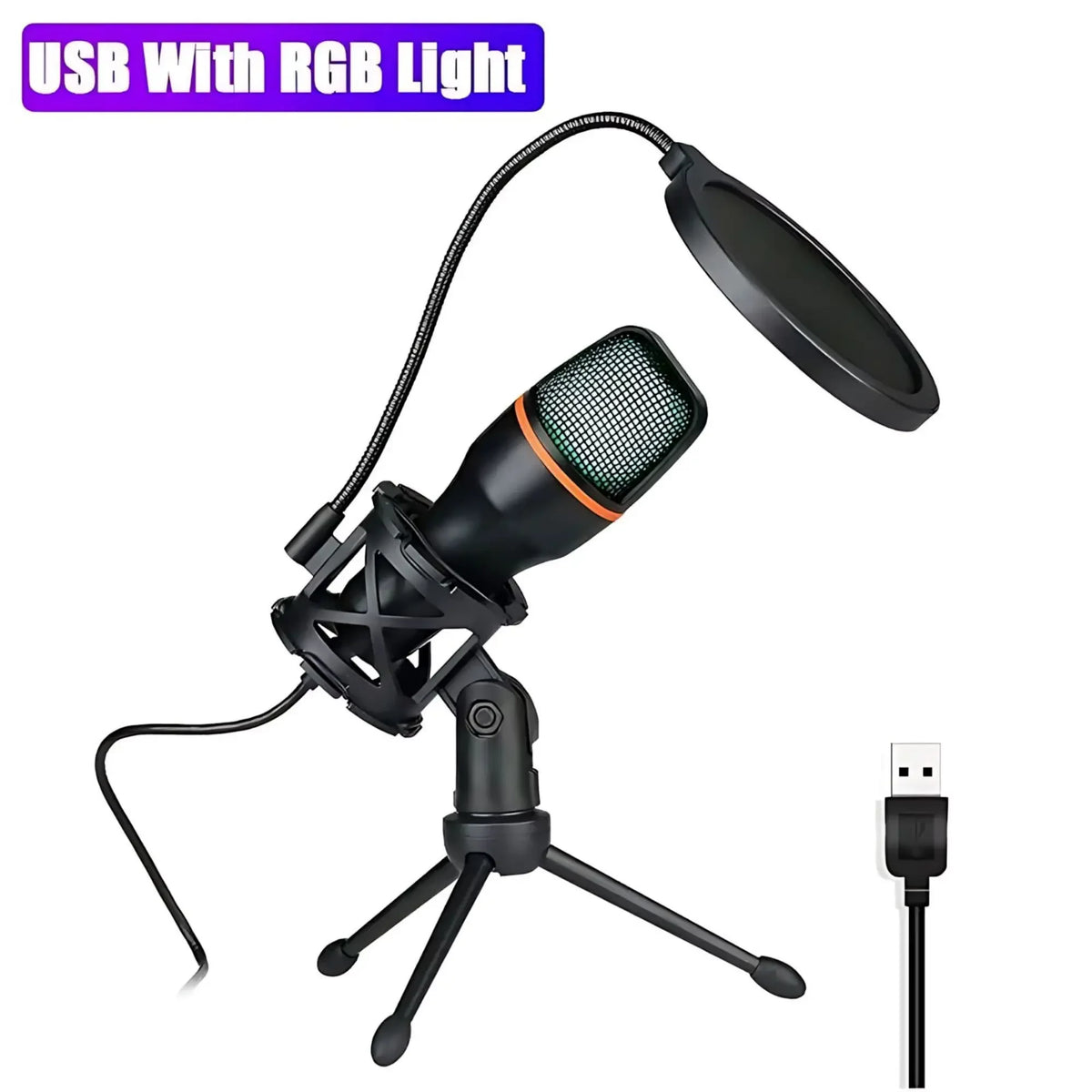 RGB Condenser Microphone Kit with Tripod Stand Professional USB Mic for Gaming Streaming YouTube Podcasts Video Recording Studio Equipment for PC Laptop Mute Button Voice Changer Adjustable RGB Lighting Plug and Play Cardioid
