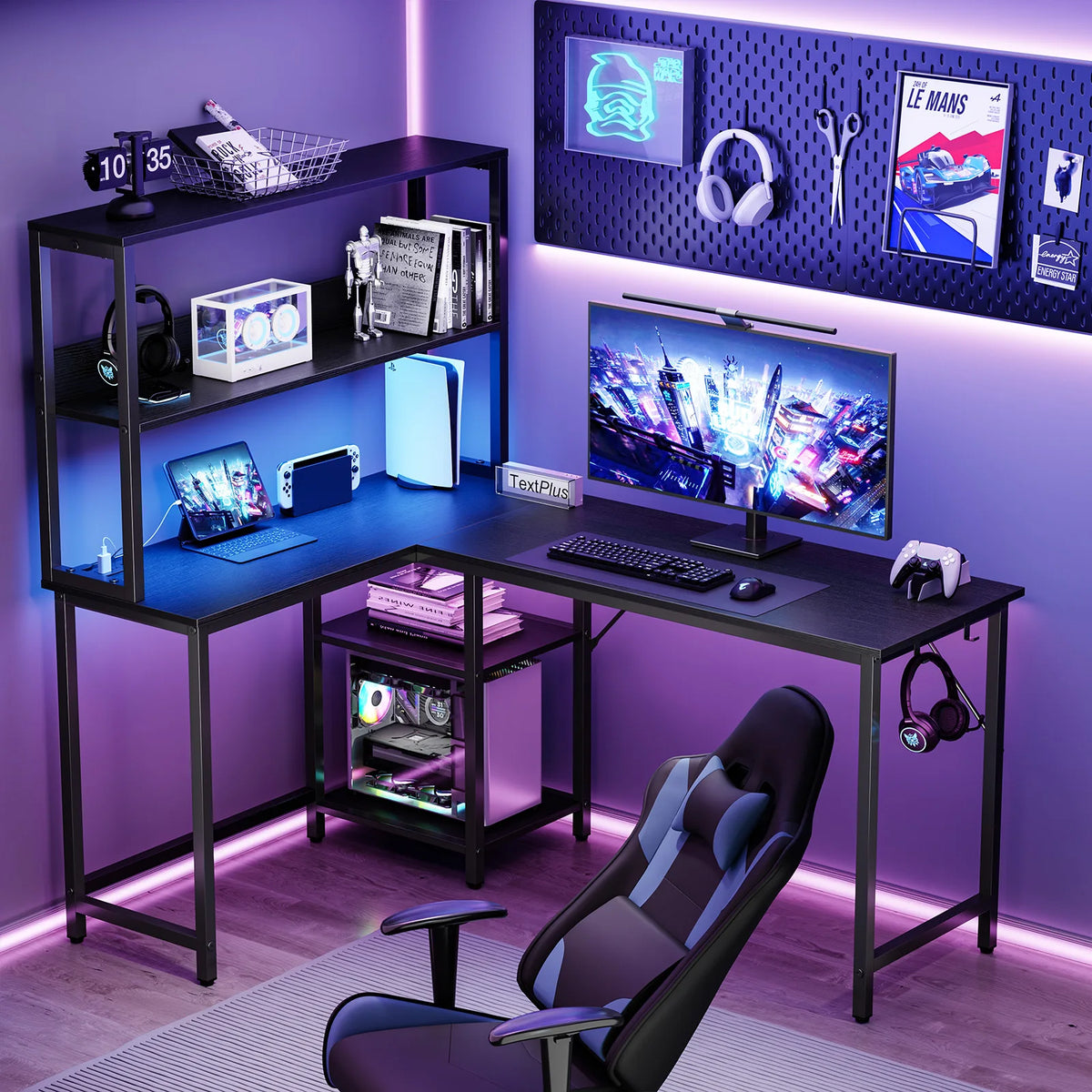 Escritorio para juegos JHK de 53 pulgadas en forma de L con luz LED, escritorio para computadora reversible con estante ajustable, toma de corriente USB, escritorio esquinero con soporte para CPU para oficina en casa