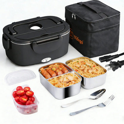 100W Electric Heating Lunch Box 1.5L, 304 Stainless Steel Portable Food Warmer Heater with Insulated Carry Bag, Spoon & Fork, Dual Use for Car 12V / Home 110V Office Travel Meal Container