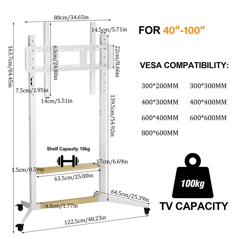 Unho Wheeled Movable TV Stroller, Suitable for 40/55/65/75/85/86/95/98/100-Inch TV｜Load-Bearing up to 220 Pounds, Maximum VESA 800×600mm, Thickened and Stable Base, Height Adjustable Heavy-Duty Floor-to-Ceiling TV Stand