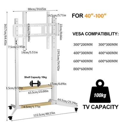 Unho Wheeled Movable TV Stroller, Suitable for 40/55/65/75/85/86/95/98/100-Inch TV｜Load-Bearing up to 220 Pounds, Maximum VESA 800×600mm, Thickened and Stable Base, Height Adjustable Heavy-Duty Floor-to-Ceiling TV Stand