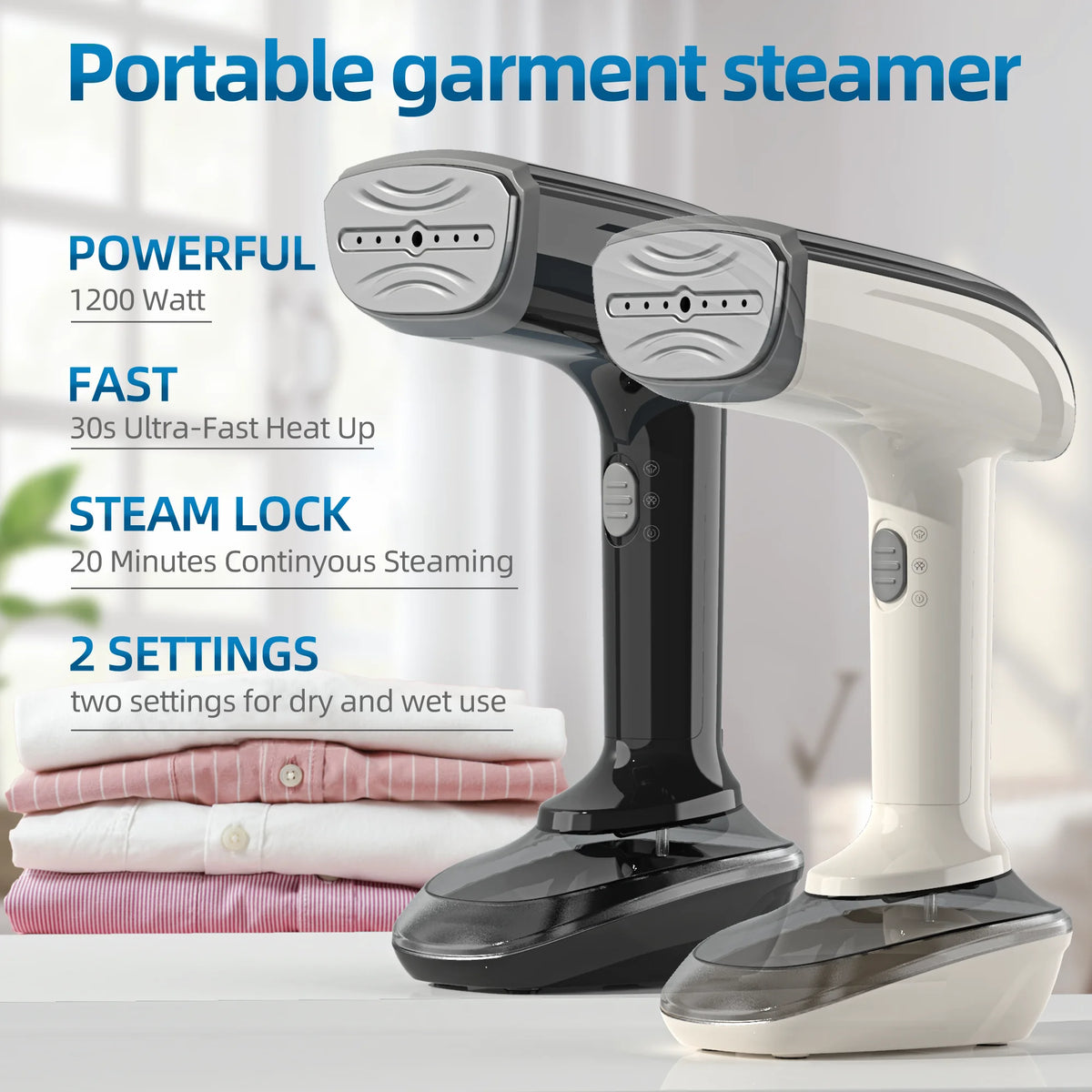 Handheld Garment Steam Iron 1200W Portable Electric Iron, Quick Heating in 30 Seconds, Dual-Use for Dry and Wet Ironing, 20 Minutes Continuous Steam, 300ml Water Tank, Comes with 3 Accessories, Suitable for Home and Travel Us