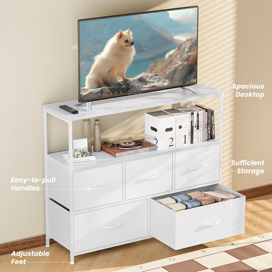 MCQ TV Stand Dresser with 5 Fabric Storage Drawers Media Console Featuring Open Shelf for TV Compact Entertainment Unit for Bedroom Living Space or Dorm Organization