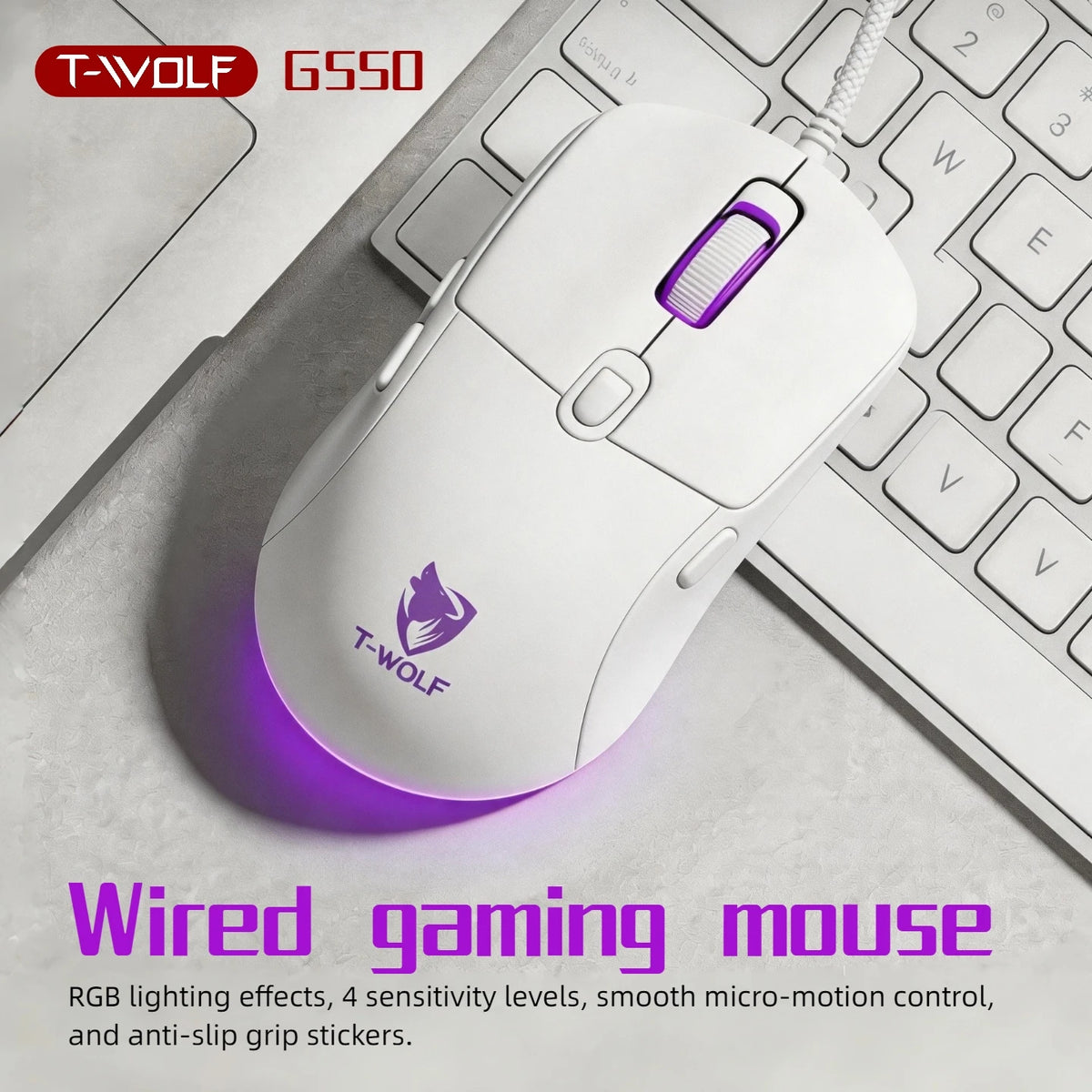 T-WOLF RGB Gaming Mouse Wired 6D Programmable Buttons Ergonomic Gamer Mouse 4 Levels DPI Adjustable Computer Mouse USB Wired Mouse Breathing Light Gaming Mice 1.5m Cable for PC Laptop E-sports Mouse Purple