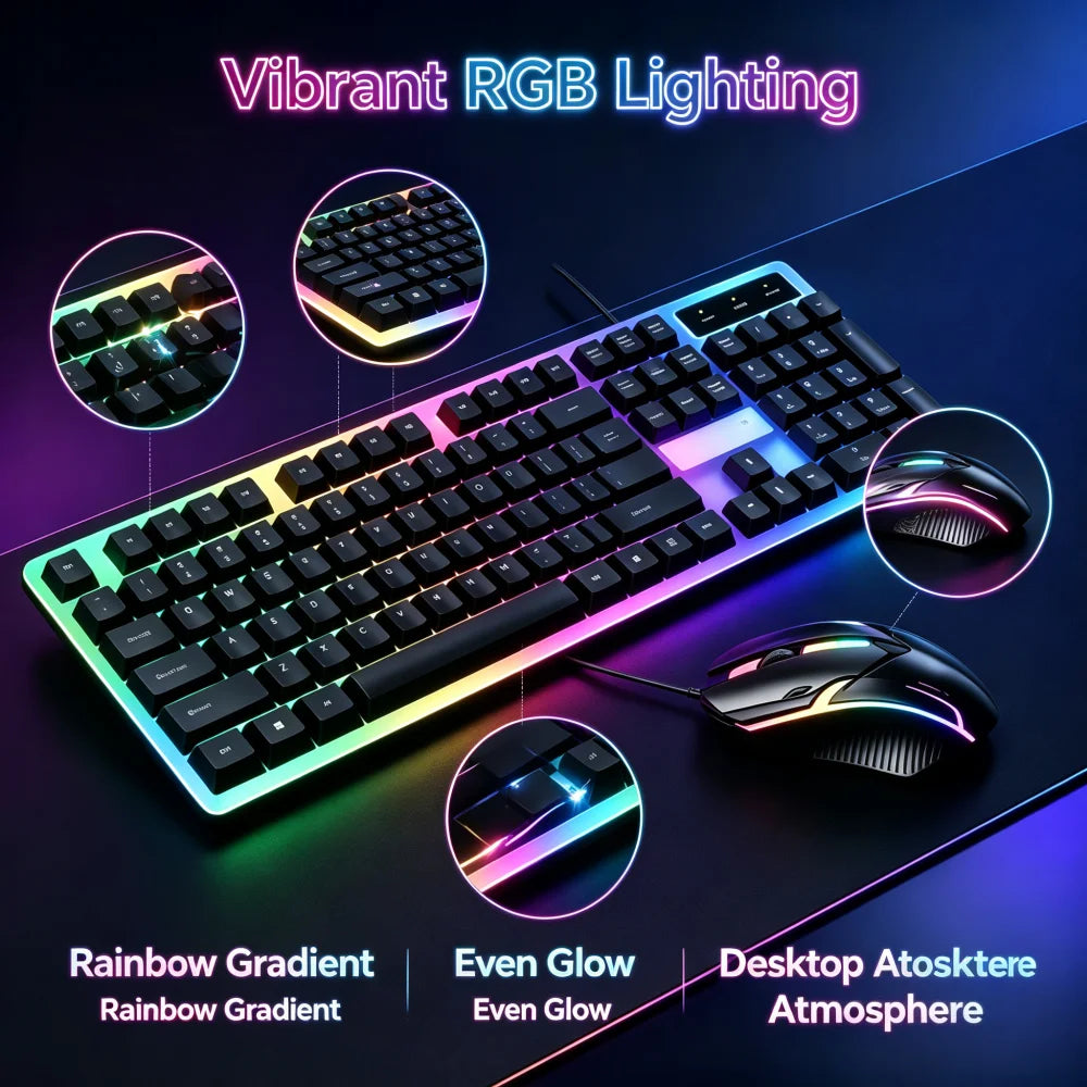 Combo de teclado retroiluminado USB y ratón con cable, kit de teclado mecánico ergonómico y ratón para gaming, accesorios de ordenador plug and play para PC, sobremesa, portátil, hogar y oficina