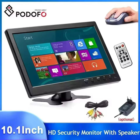 Monitor para coche Podofo de 10,1 pulgadas con HDMI y VGA para pantalla de TV y ordenador, pantalla LCD a color, cámara de marcha atrás para coche y sistema de seguridad para el hogar