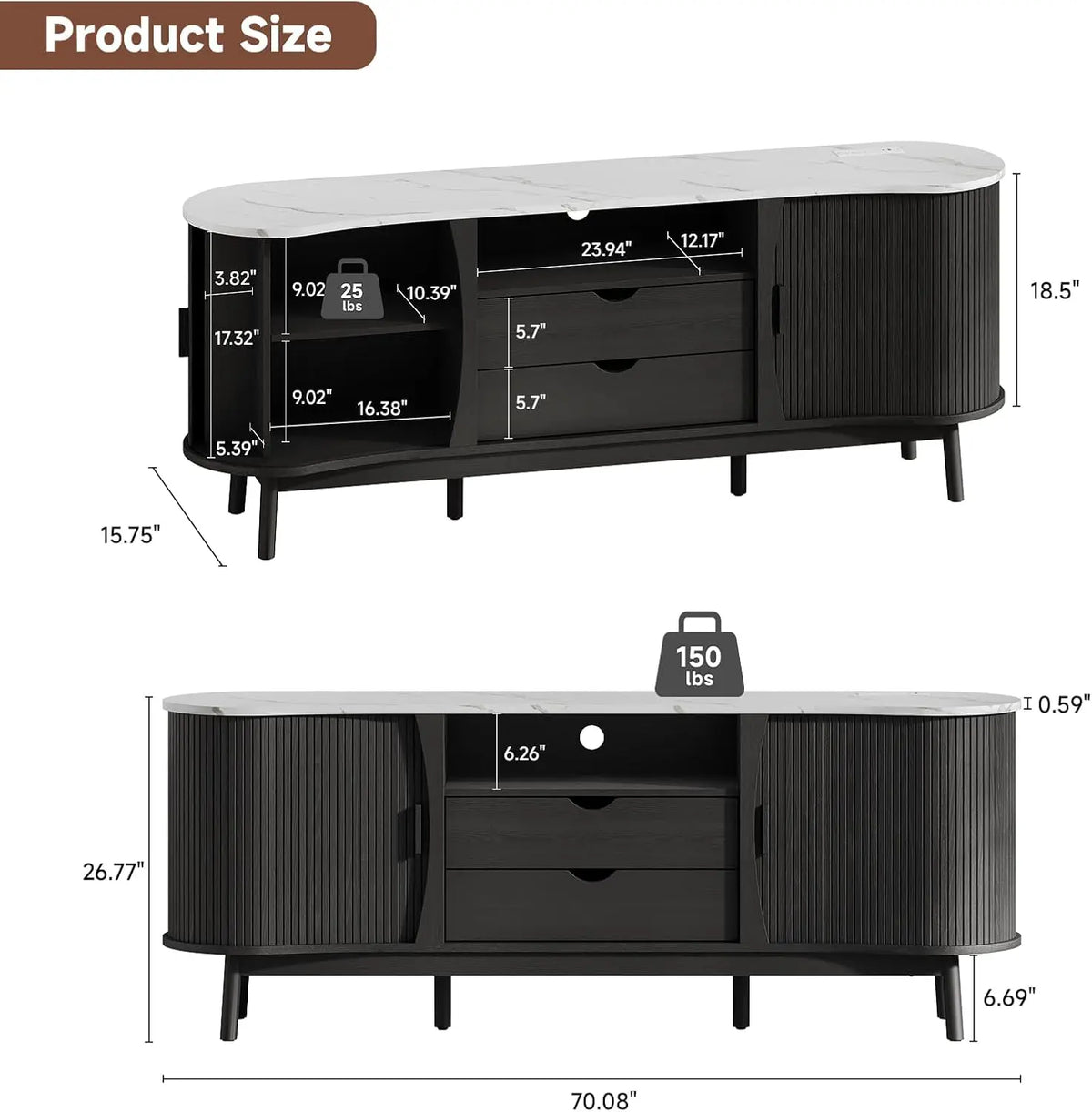 Mueble de TV acanalado de 70 pulgadas para televisores de hasta 80", consola moderna de mediados de siglo en forma de frijol con USB/toma de corriente, luces LED y almacenamiento - para sala de estar, dormitorio (negro/nogal)