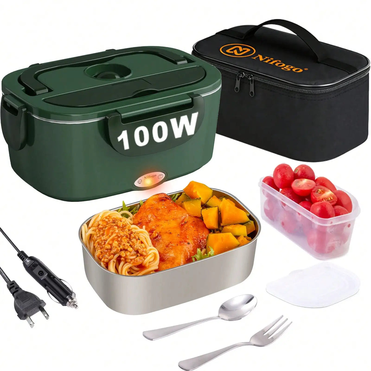 100W Electric Heating Lunch Box 1.5L, 304 Stainless Steel Portable Food Warmer Heater with Insulated Carry Bag, Spoon & Fork, Dual Use for Car 12V / Home 110V Office Travel Meal Container