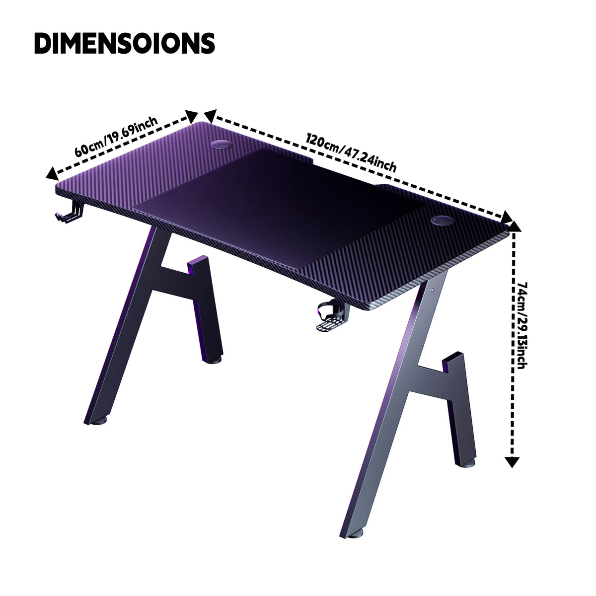 Escritorio gaming de fibra de carbono en forma de A, estación de trabajo ergonómica para ordenador, mesa de oficina en casa con portavasos, gancho para auriculares, estructura de acero estable, fácil de montar y ahorra espacio